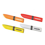 A set of four highlighters in orange, red, yellow, and white, featuring a brand logo on the barrel.