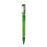 A green plastic pen with a chrome clip and grip, featuring a click mechanism. It has a logo on the body.