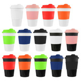 A collection of reusable coffee cups in various colours, featuring silicone bands and lids, with branding visible.