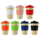 A drink bottle collection featuring reusable coffee cups in white, pink, red, orange, green, and black, with silicone sleeves and lids.