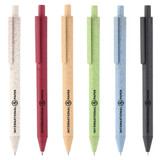 A selection of eco-friendly plastic pens in red, beige, green, blue, and black, featuring a logo.