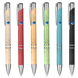 A range of eco-friendly plastic pens in red, blue, green, black, cream, and tan, each featuring a logo.