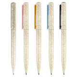A set of five eco-friendly pens in beige, with colour accents in pink, yellow, blue, and black. Each pen features a logo.