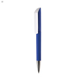 A blue plastic pen with a white cap and a silver nib. It features a logo on the body.