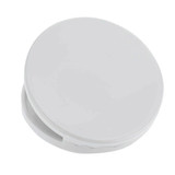 A round white fridge magnet clip with a glossy finish and a simple design. It features a logo on the surface.
