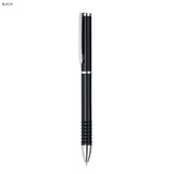A black writing pencil with a sleek design, featuring a grip and a clip. It has a logo on one side.