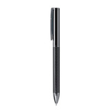 A metal ball pen with a sleek black carbon finish and chrome accents, featuring a clip and a branding logo.