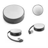 A round black and silver USB hub with two USB ports and an integrated cable for connection.