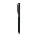 A black metal pen with a smooth finish and a sleek clip design, featuring a logo.
