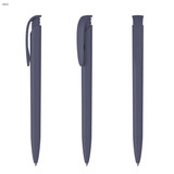 A set of dark grey plastic pens with a soft grip and a clip. The pens are displayed from different angles.