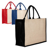 Three jute bags in natural, red, blue, and black colours, featuring sturdy handles and a plain design.