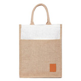 A reusable jute bag in natural brown with a white top and a brown leather patch, featuring two handles.