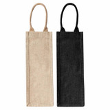 A jute wine carrier featuring two colours: natural beige and black, with handles for easy carrying.