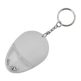 A drink bottle opener keyring in white, shaped like a mouse with a transparent section revealing dice inside.
