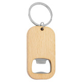A drink bottle opener key ring made of bamboo, featuring a silver metal opener and attached key ring.