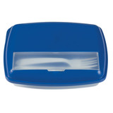 A blue three-section lunch box with a transparent lid and included fork and knife.
