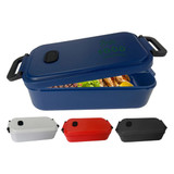 A blue lunch box with a lid, featuring grey, red, and black variants. Includes a handle and a logo.