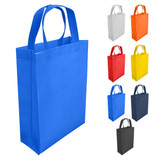A blue laminated non-woven trade show bag with dual handles, displayed alongside bags in grey, orange, red, yellow, and black.
