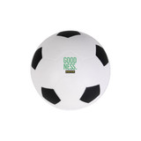 A white soccer ball stress reliever with black patches and a logo on one side. A white soccer ball stress reliever with black patches and a logo on one side.