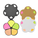 A set of flower-shaped sticky notes in pink, yellow, green, orange, and white, featuring a black and brown holder.