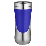 A travel mug featuring a blue body with a stainless steel base and rim, complemented by a sleek design and logo.