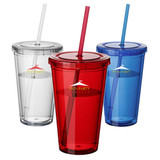 A drink tumbler set featuring clear, red, and blue cups with lids and straws. Each cup has a logo.