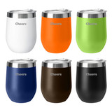 A collection of six insulated travel mugs in white, orange, green, navy, brown, and black with silver lids. Each has a logo.