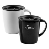 Two coffee mugs, one white and one black, both with lids and featuring a logo on the front.