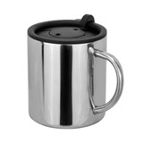 A stainless steel travel mug with a black lid and handle, featuring a simple design and a logo on the side.