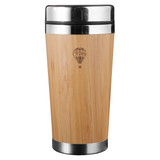 A reusable coffee cup featuring a bamboo exterior and stainless steel accents, with a logo on the side.