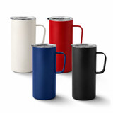 A drink bottle collection featuring four travel mugs in white, red, blue, and black, each with a handle and lid.