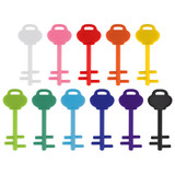 A variety of mobile key stands in white, pink, orange, red, green, blue, black, and purple. The stands have a key shape.