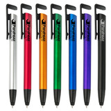 A collection of seven stylus pens in silver, orange, purple, green, blue, black, and red, featuring clips and branding.