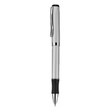 A silver metal pen with a black grip and clip, featuring a branding logo.