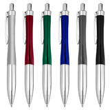A collection of six metal pens in silver, red, green, blue, grey, and black, each featuring a shiny chrome clip.