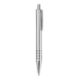 A metal pen in a sleek silver finish with a clip and dotted design on the barrel.