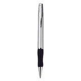 A metal pen in silver with a black grip, featuring a logo on the barrel.