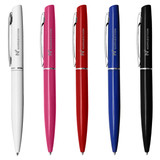 A set of five metal pens in white, pink, red, blue, and black, featuring a branding logo.