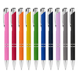 A set of ten metal pens in pink, red, orange, yellow, green, blue, navy, purple, black, and grey, each featuring a logo.