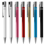 A collection of metal pens in white, pink, red, gold, blue, and black, featuring silver accents and clips.