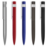 Five metal pens in silver, red, blue, dark grey, and black, each featuring a sleek design and a clip.
