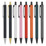 A collection of metal pens in various colours: black, white, pink, red, orange, teal, and grey. Each pen has a clip and a logo.