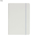 A5 PU notebook in white with an elastic closure and a smooth cover, featuring a logo.