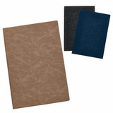 A set of three notebooks in tan, black, and navy blue, featuring a textured cover and a logo.