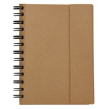 A brown spiral-bound notebook with a textured cover and a band to secure it.
