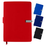 A red premium notebook with a clip closure, accompanied by blue and black variant notebooks. Each has a logo.