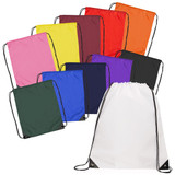 A collection of drawstring bags in various colours including pink, yellow, green, blue, black, and white, featuring logos.
