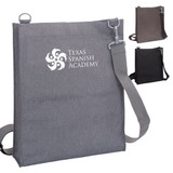 A grey nylon library bag with a shoulder strap and a logo, alongside brown and black variations.
