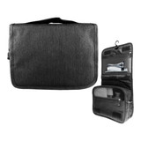 A black toiletry bag with a hook, featuring multiple compartments and a zipper. It has a simple, modern design.