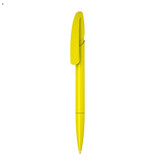 A yellow plastic pen with a sleek design and a clip for easy attachment. It features a logo on the body.